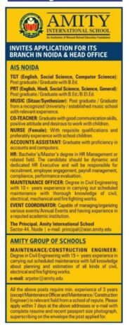 Teacher Recruitment at Amity International School, Noida, Uttar Pradesh