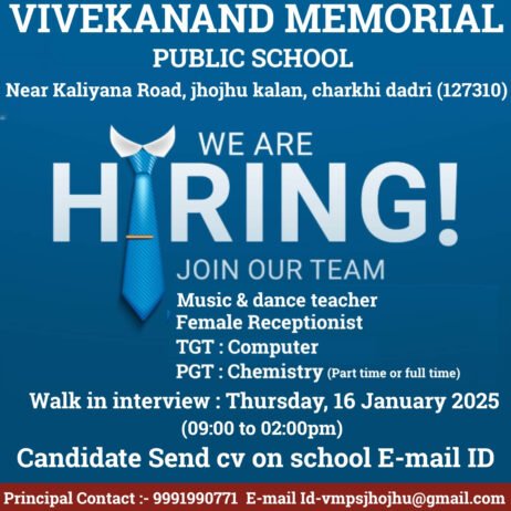 Teaching and Receptionist Job Opportunities at Vivekanand Memorial Public School, Charkhi Dadri, Haryana