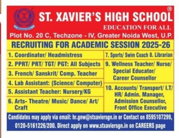 Teacher Recruitment at St. Xavier’s High School, Noida, Uttar Pradesh