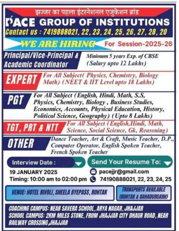 Exciting Teaching Job Opportunities at Pace Group of Institutions, Jhajjar, Haryana | Apply Now for 2025-26!