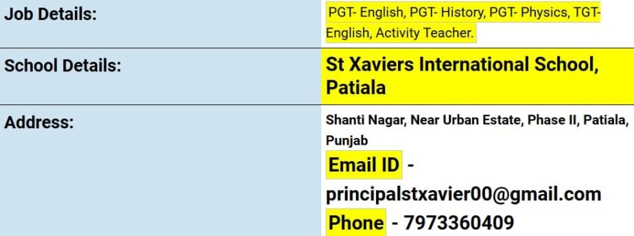 Teaching Job Opportunities at St. Xaviers International School, Patiala, Punjab