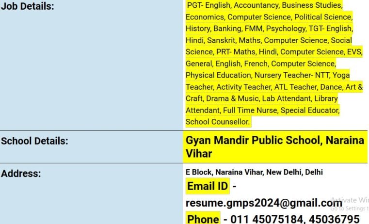 Teacher Recruitment at Gyan Mandir Public School, Naraina Vihar, New Delhi