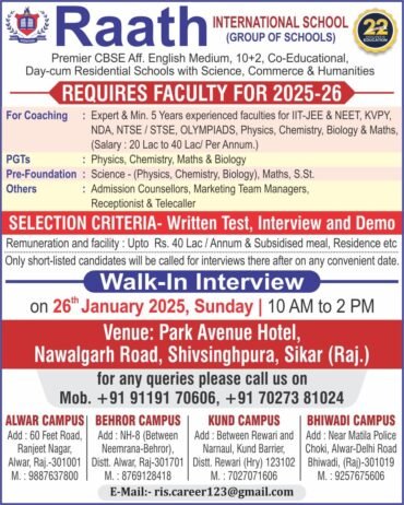 Exciting Opportunities at Raath International School.Sikar,Rajasthan