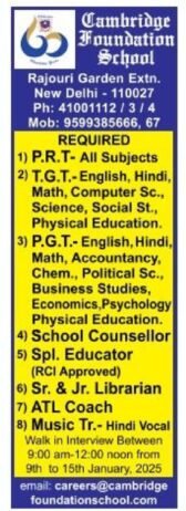 Teaching Job Opportunities at Cambridge Foundation School, New Delhi