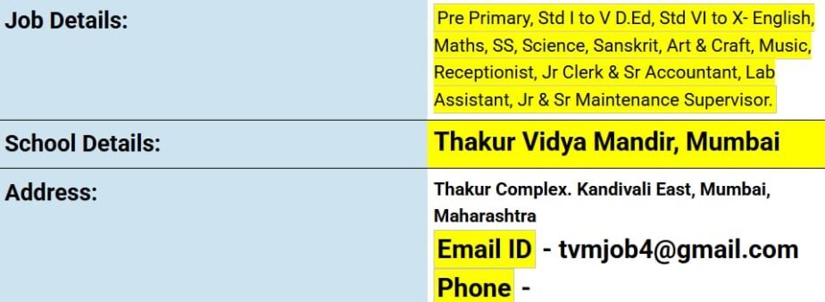 Exciting Teaching and Administrative Job Opportunities at Thakur Vidya Mandir, Mumbai,Maharashtra