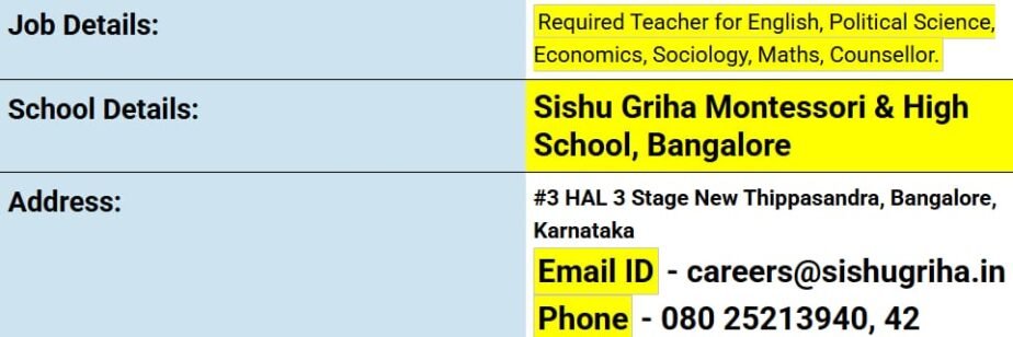 Exciting Teaching Job Opportunities at Sishu Griha Montessori & High School, Bangalore