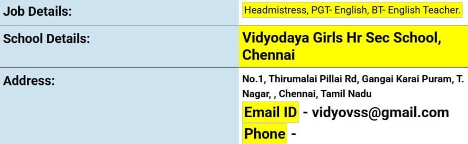 Teaching Jobs in Chennai | Vidyodaya Girls Hr Sec School,Chennai,Tamil Nadu