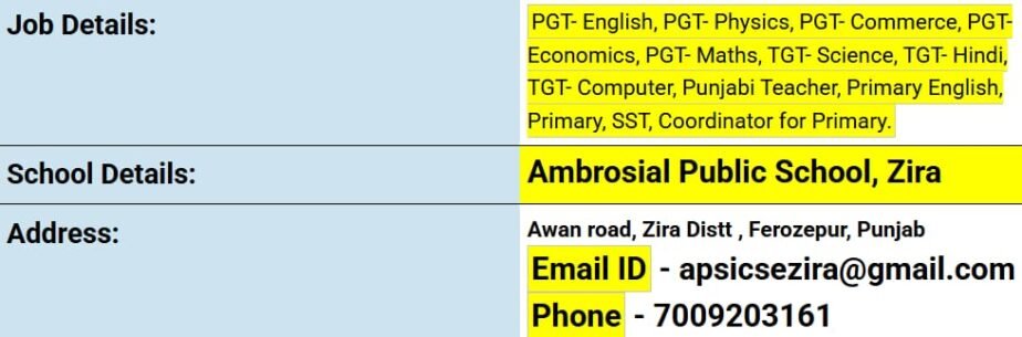 Teaching Job Openings at Ambrosial Public School, Zira ,Ferozepur,Punjab