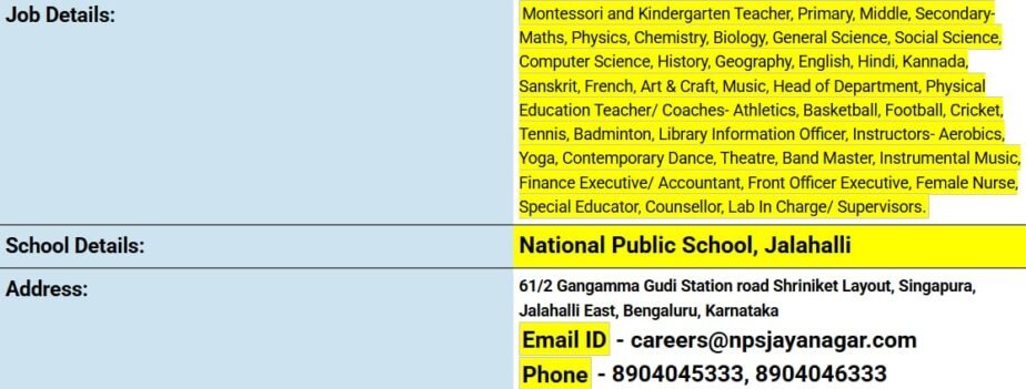 Teacher Recruitment at National Public School, Jalahalli, Bengaluru, Karnataka