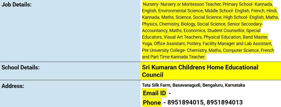 Teacher Recruitment at Sri Kumaran Children’s Home Educational Council, Bengaluru, Karnataka