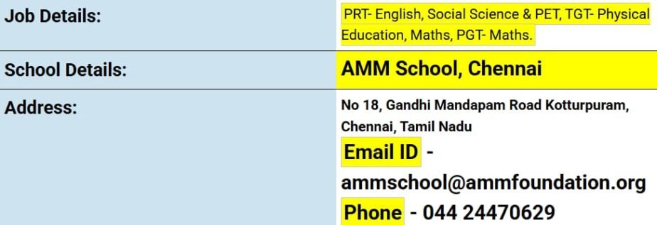 Teaching Job Openings at AMM School, Chennai, Tamil Nadu