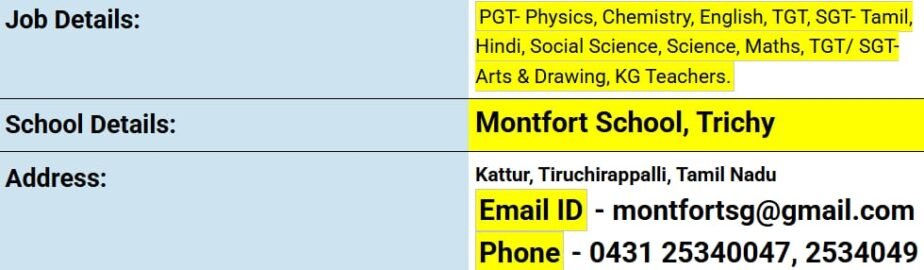 Exciting Teaching Opportunities at Montfort School, Trichy,Tiruchirappalli,Tamil Nadu