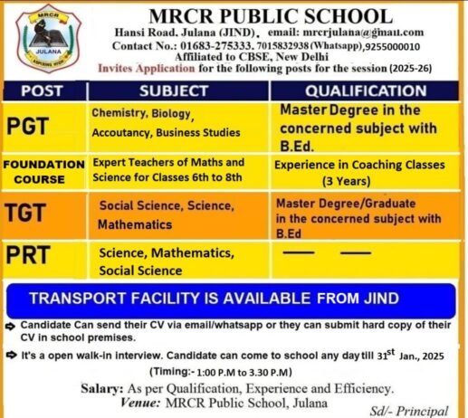 Teacher Positions at MRCR Public School, Julana, Haryana