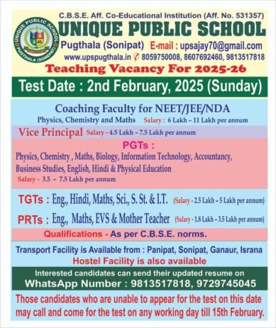 Teaching Jobs 2025-26: PGT, TGT, PRT & Vice Principal Vacancies at Unique Public School, Sonipat, Haryana