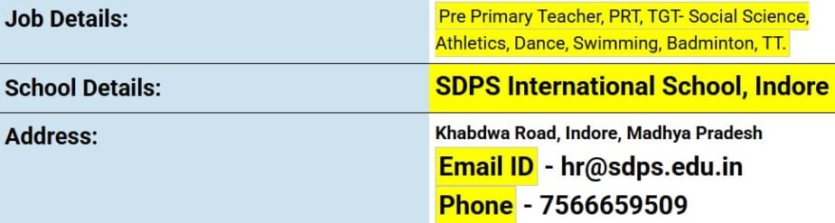 Teaching and Faculty Job Opportunities at SDPS International School, Indore, Madhya Pradesh