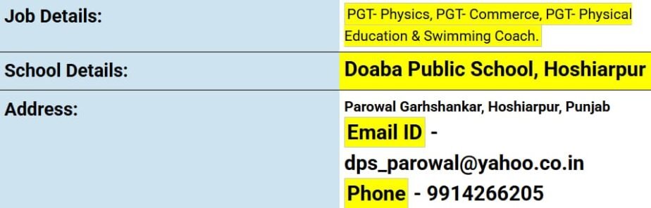 Exciting Teaching Jobs at Doaba Public School, Hoshiarpur, Punjab