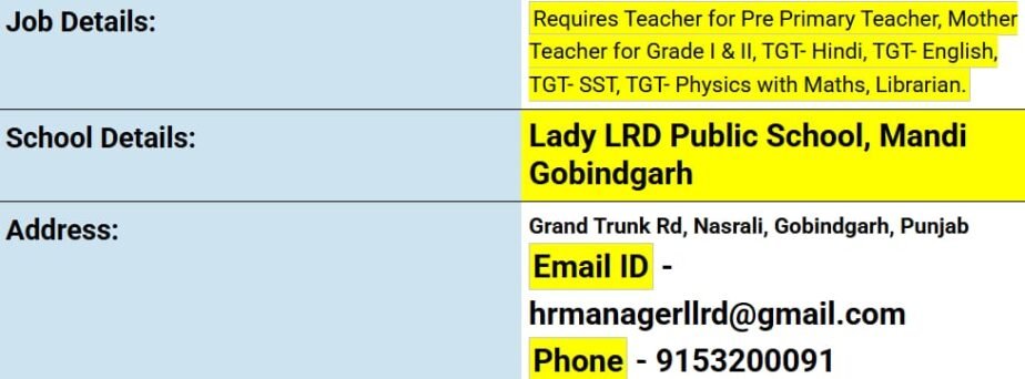 Teaching Job Vacancies at Lady LRD Public School, Gobindgarh, Punjab