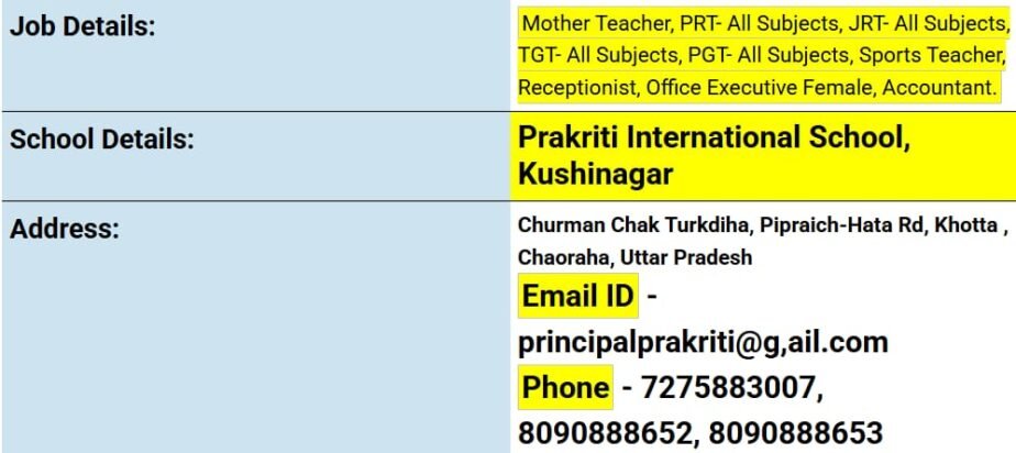 Teaching and Administrative Job Openings at Prakriti International School, Kushinagar, Uttar Pradesh