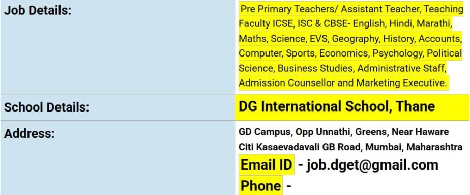 Job Opportunity at DG International School, Thane, Maharashtra