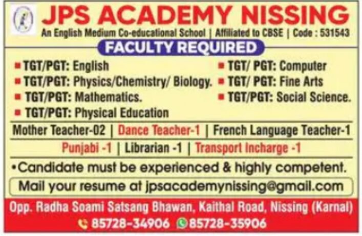 Teaching Job Openings at JPS Academy Nissing, Karnal, Haryana