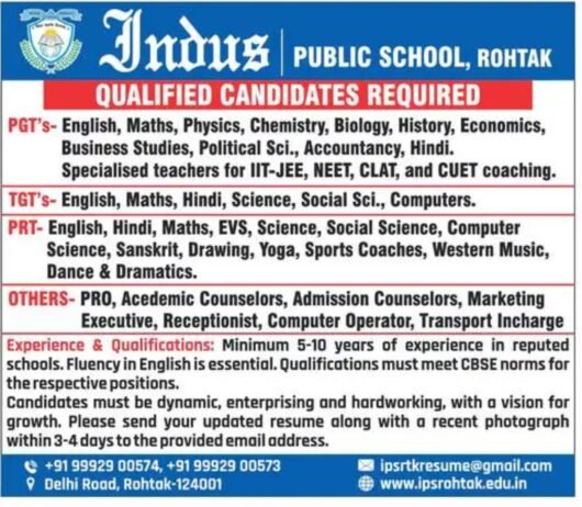 Teaching and Administrative Job Openings at Indus Public School, Rohtak, Haryana