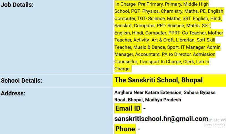 Job Opportunity at The Sanskriti School, Bhopal, Madhya Pradesh