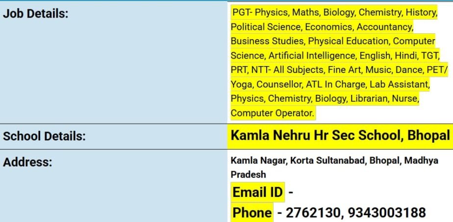 Job Opportunity at Kamla Nehru Hr Sec School, Bhopal, Madhya Pradesh