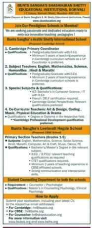 Job Opportunity at Bunts Sangha’s Arathi Shetty International School, Borivali, Mumbai Suburban, Maharashtra