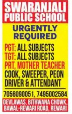 Urgent Teaching & Support Staff Recruitment at Swaranjali Public School,Rewari,Haryana