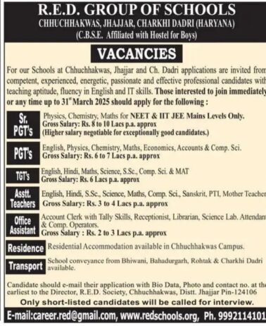 Job Opportunity at R.E.D. Group of Schools, Jhajjar, Haryana