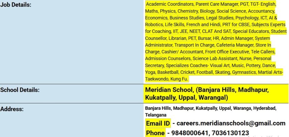 Job Opportunity at Meridian School, Hyderabad, Telangana