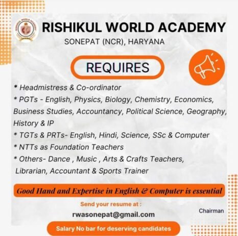 Teaching Job Opportunities at Rishikul World Academy, Sonipat, Haryana