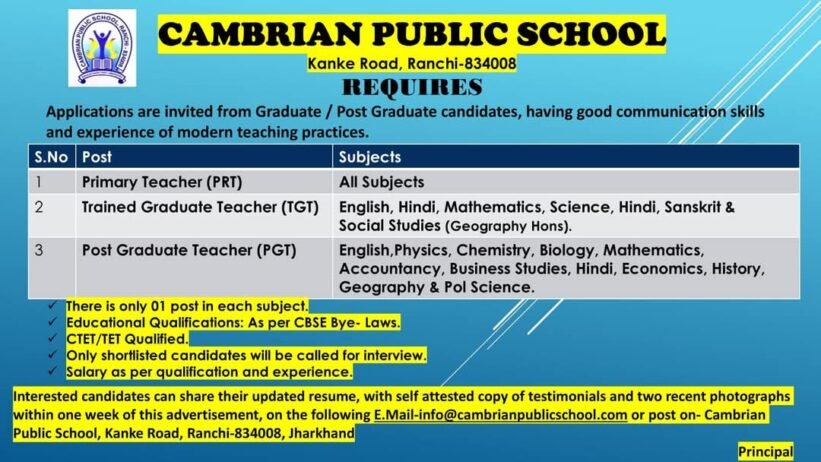 Teacher Recruitment at Cambrian Public School, Ranchi, Jharkhand