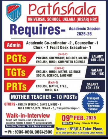 Teaching and Administrative Job Opportunities at Pathshala Universal School, Hisar, Haryana