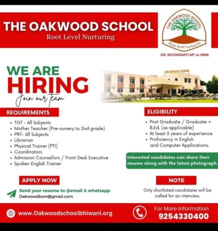 Job Opportunity at The Oakwood School, Bhiwani, Haryana