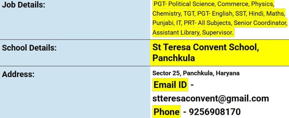 Job Opportunity at St. Teresa Convent School, Panchkula, Haryana