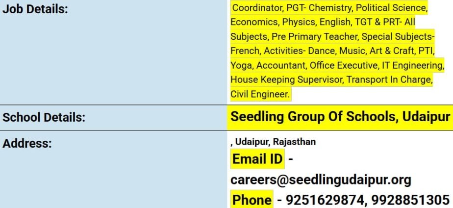 Teacher Vacancies at Seedling Group of Schools, Udaipur, Rajasthan