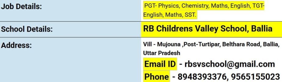 Teaching Job Openings at RB Childrens Valley School, Ballia, Uttar Pradesh