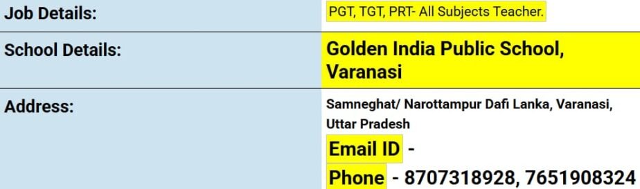 Teaching Jobs at Golden India Public School, Varanasi, Uttar Pradesh