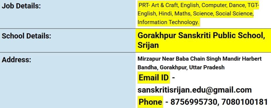 Apply Now: PRT & TGT Teaching Jobs at Gorakhpur Sanskriti Public School, Gorakhpur, Uttar Pradesh