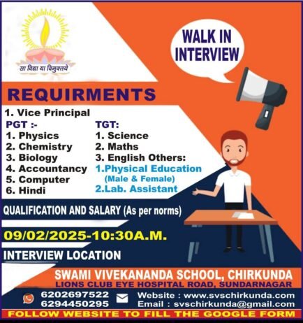 Teaching Job Vacancies at Swami Vivekananda School, Chirkunda, Dhanbad, Jharkhand