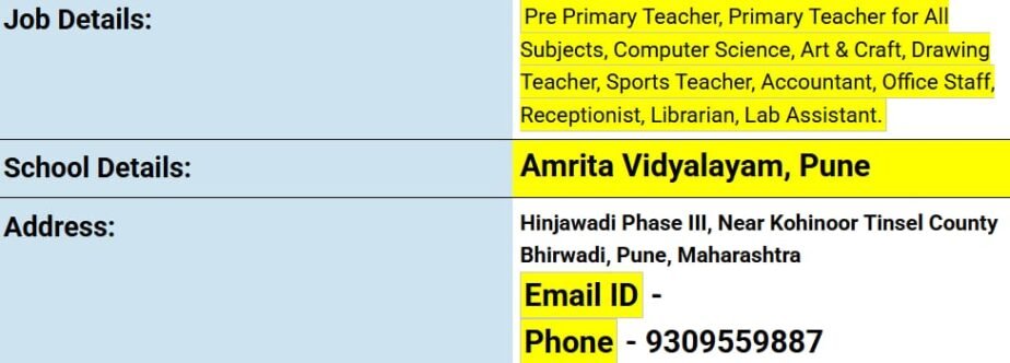 Teaching Jobs at Amrita Vidyalayam, Pune,Maharashtra