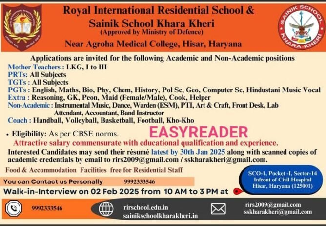 Job Opportunity at Royal International Residential School & Sainik School Khara Kheri, Hisar, Haryana