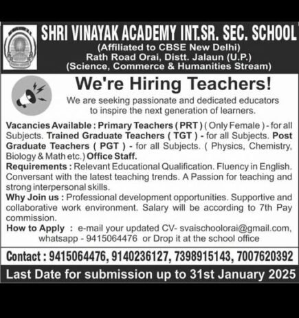 Teaching Jobs at Shri Vinayak Academy Int. Sr. Sec. School, Jalaun,Uttar Pradesh