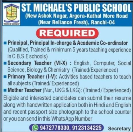 Teaching Opportunities at St. Michael’s Public School, Ranchi, Jharkhand