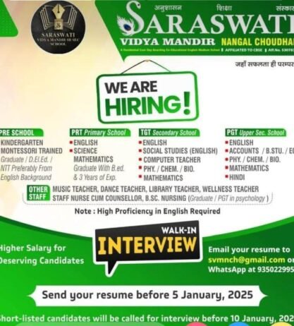 Teacher Recruitment at Saraswati Vidya Mandir, Nangal Choudhary, Haryana