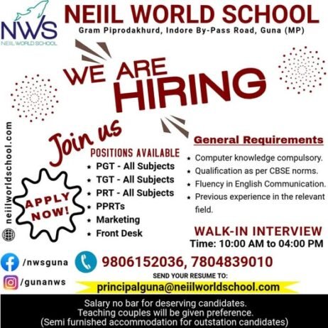 Teachers Required at Neill World School, Guna, (MP)