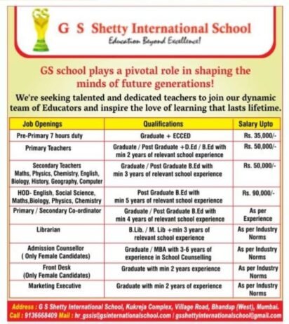 Exciting Career Opportunities at G.S. Shetty International School,Bhandup (West), Mumbai, Maharashtra