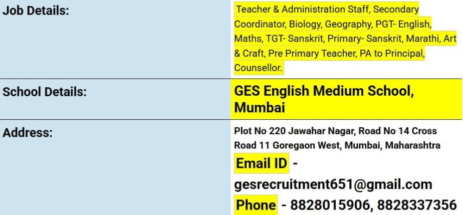 Teacher Recruitment at GES English Medium School, Mumbai, Maharashtra