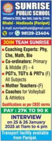 Exciting job opportunity at Sunrise Public School, Panipat, Haryana